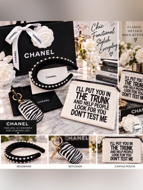 Black and White - Black Pearl-Trim Headband, Zebra Keychain & Ivory Canvas Pouch
